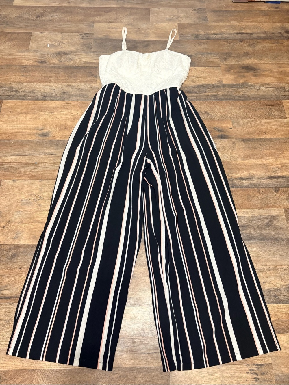 As U Wish XL Lace & Striped Wide Leg Jumpsuit
